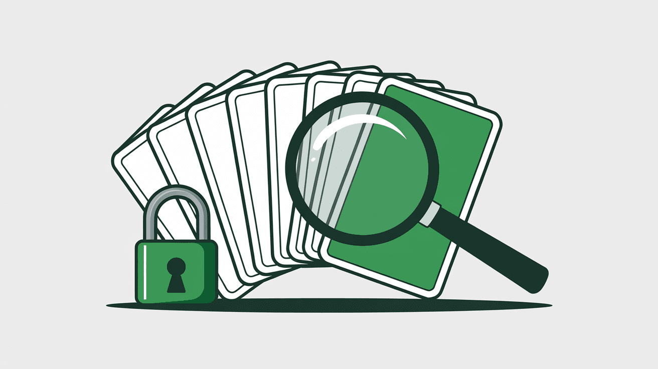 Illustration of a magnifying glass over a row of blank cards, one highlighted green, beside a closed padlock