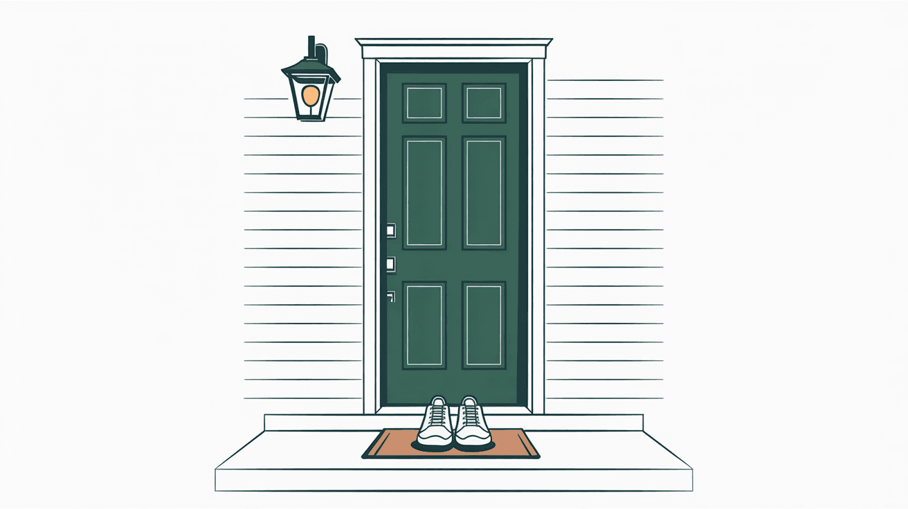 Illustration of a front door at dawn with the porch light on and a pair of shoes waiting on the doormat