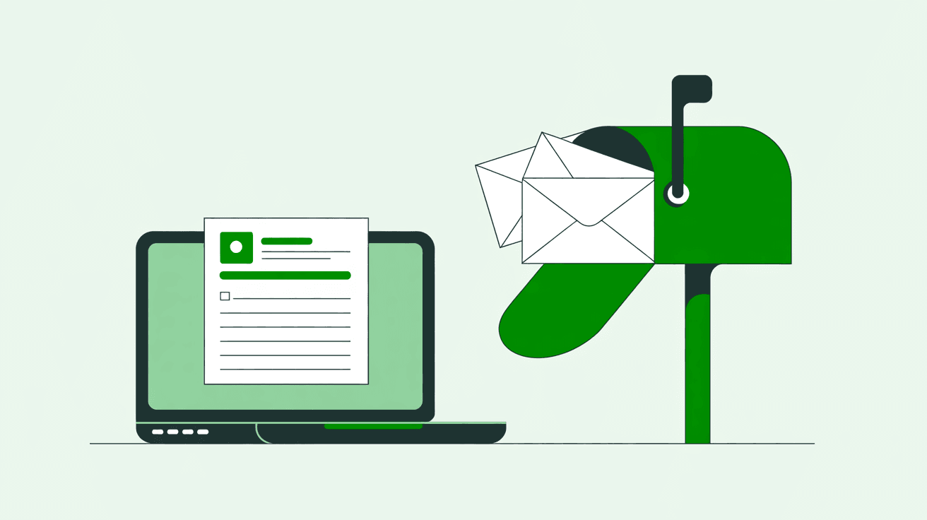 Illustration of a laptop showing a simple job listing form beside a mailbox overflowing with envelopes