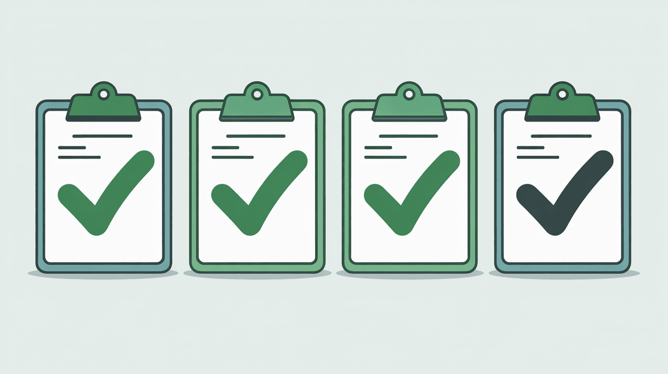 Illustration of four clipboards in a row, each with a green tick