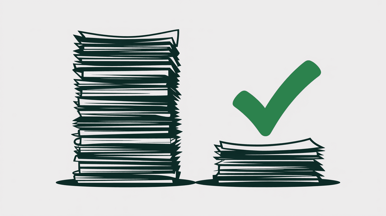Illustration of a tall stack of paper resumes beside a shorter, sorted stack topped with a green check mark