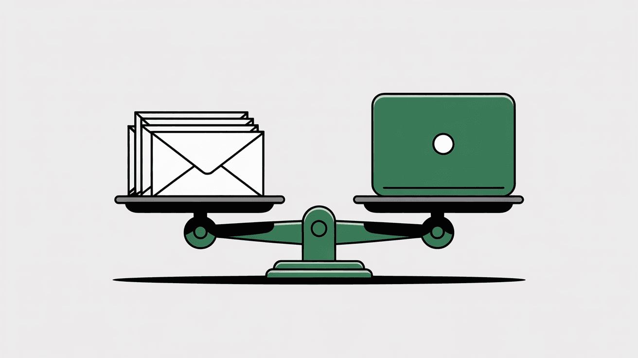 Illustration of a balance scale weighing a bundle of envelopes against a closed laptop