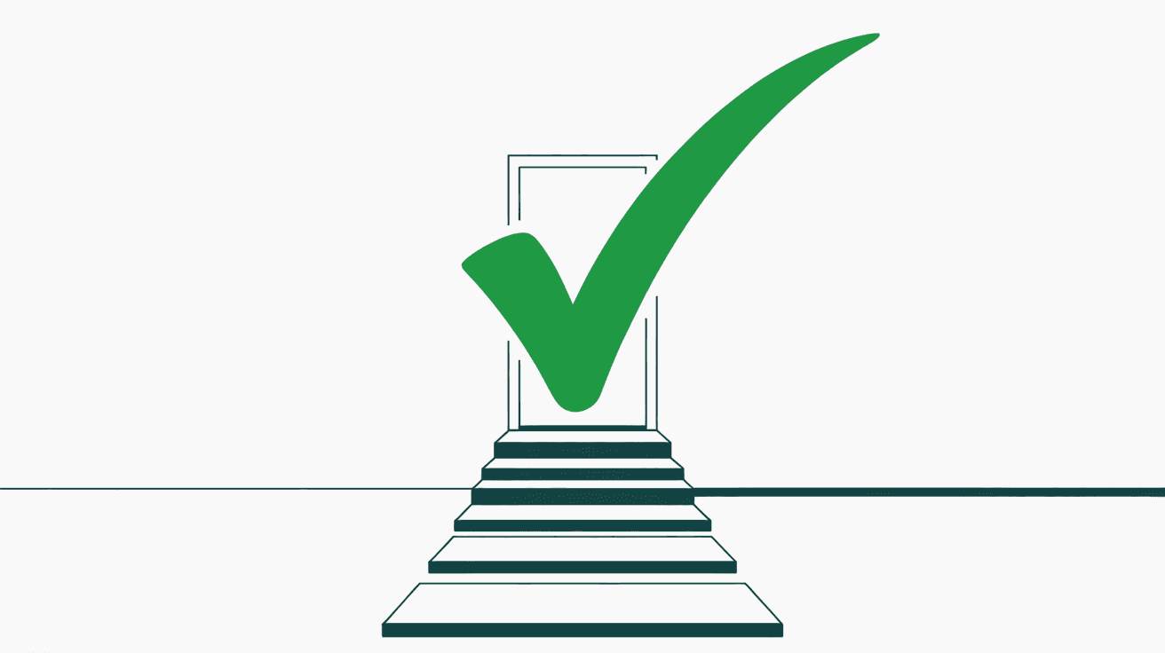 Illustration of steps leading up to a doorway with a large green check mark over it