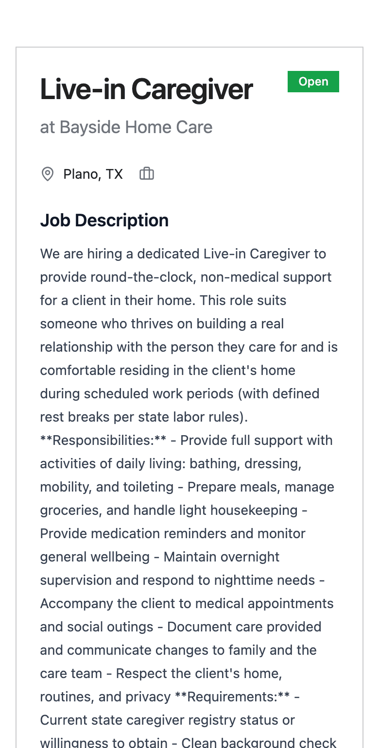 The application form a candidate fills out to apply for a caregiver role