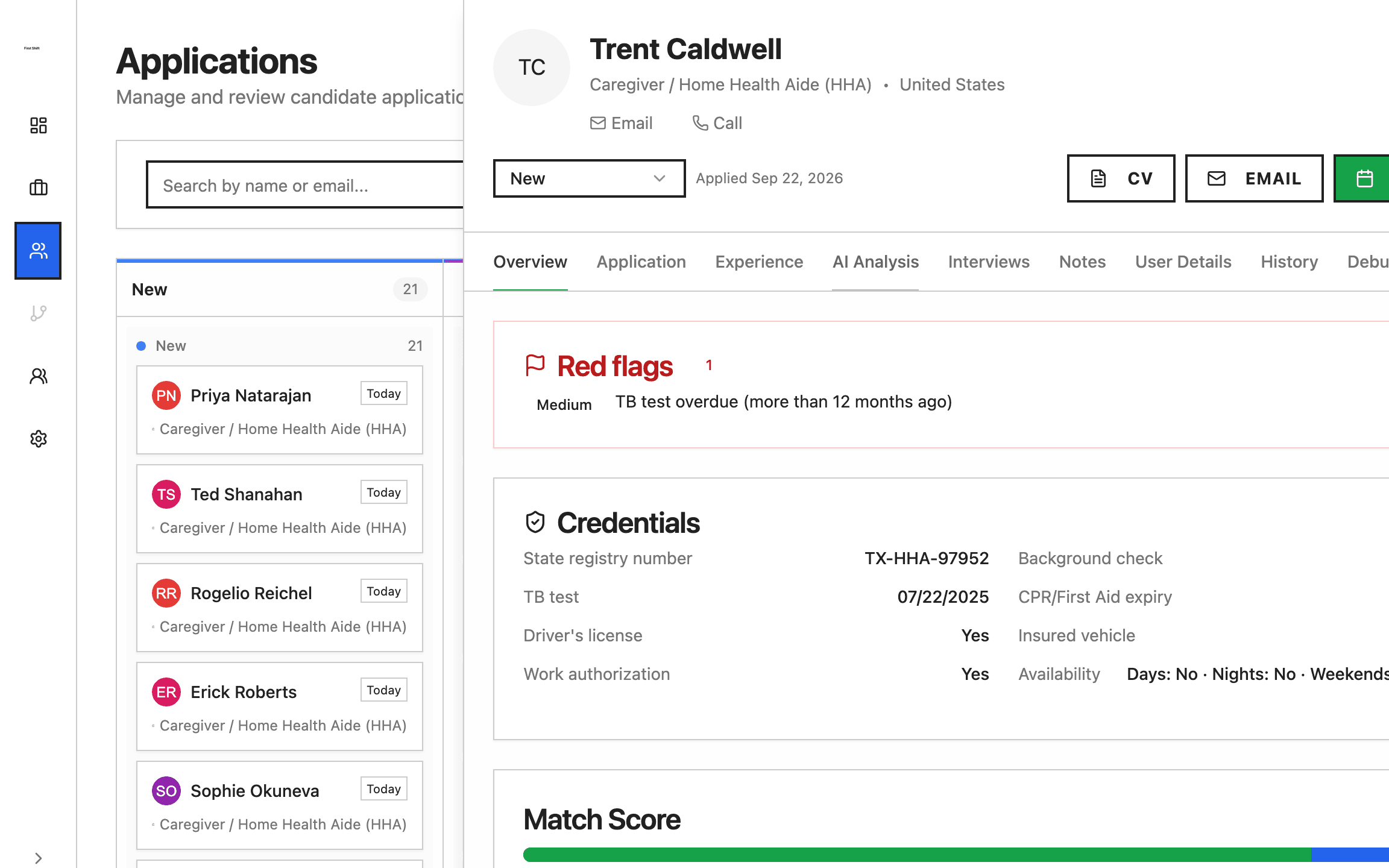 Candidate drawer showing an 82% match score with the red flag 'TB test overdue (more than 12 months ago)'