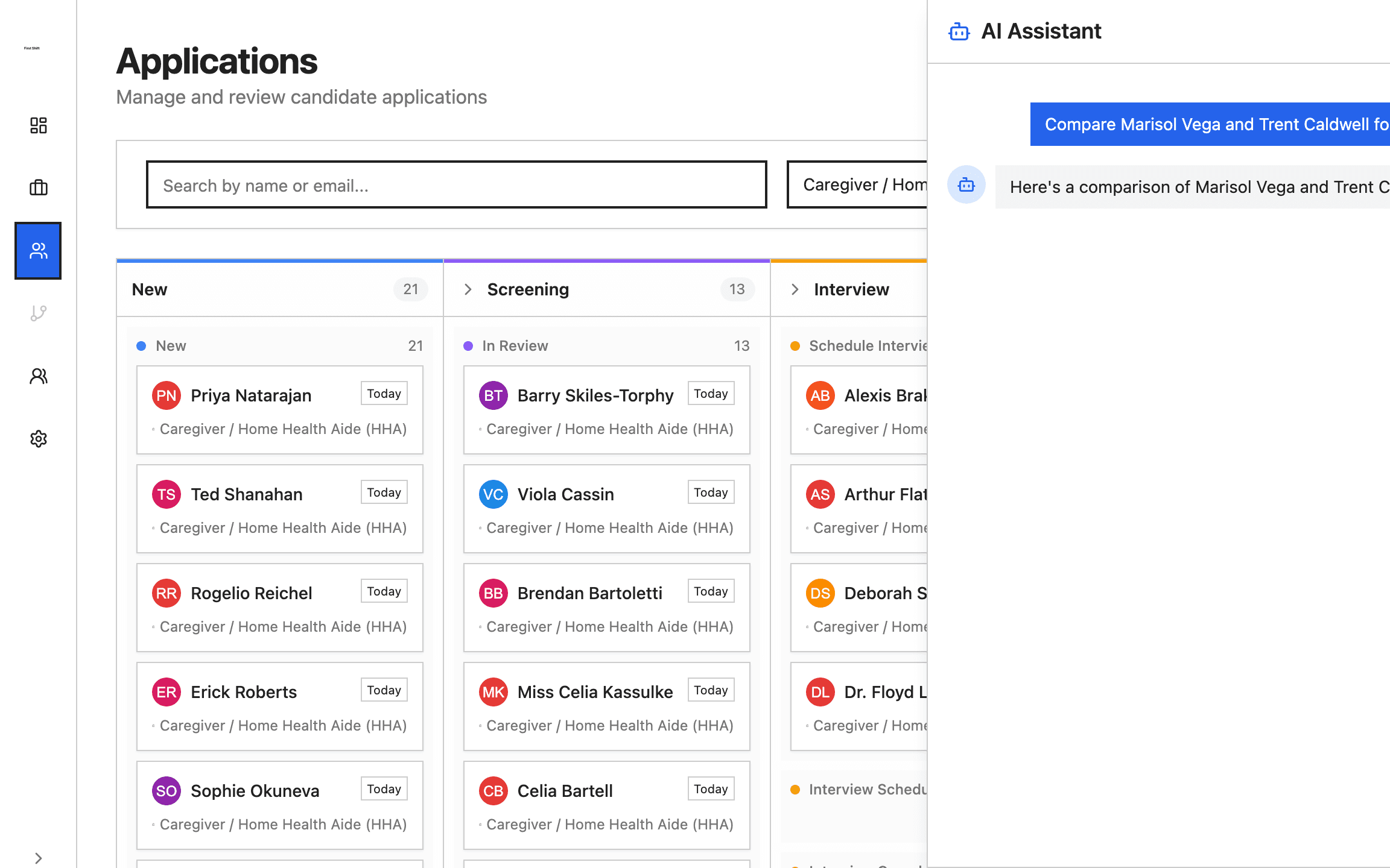 AI Assistant panel comparing two shortlisted caregiver candidates side by side