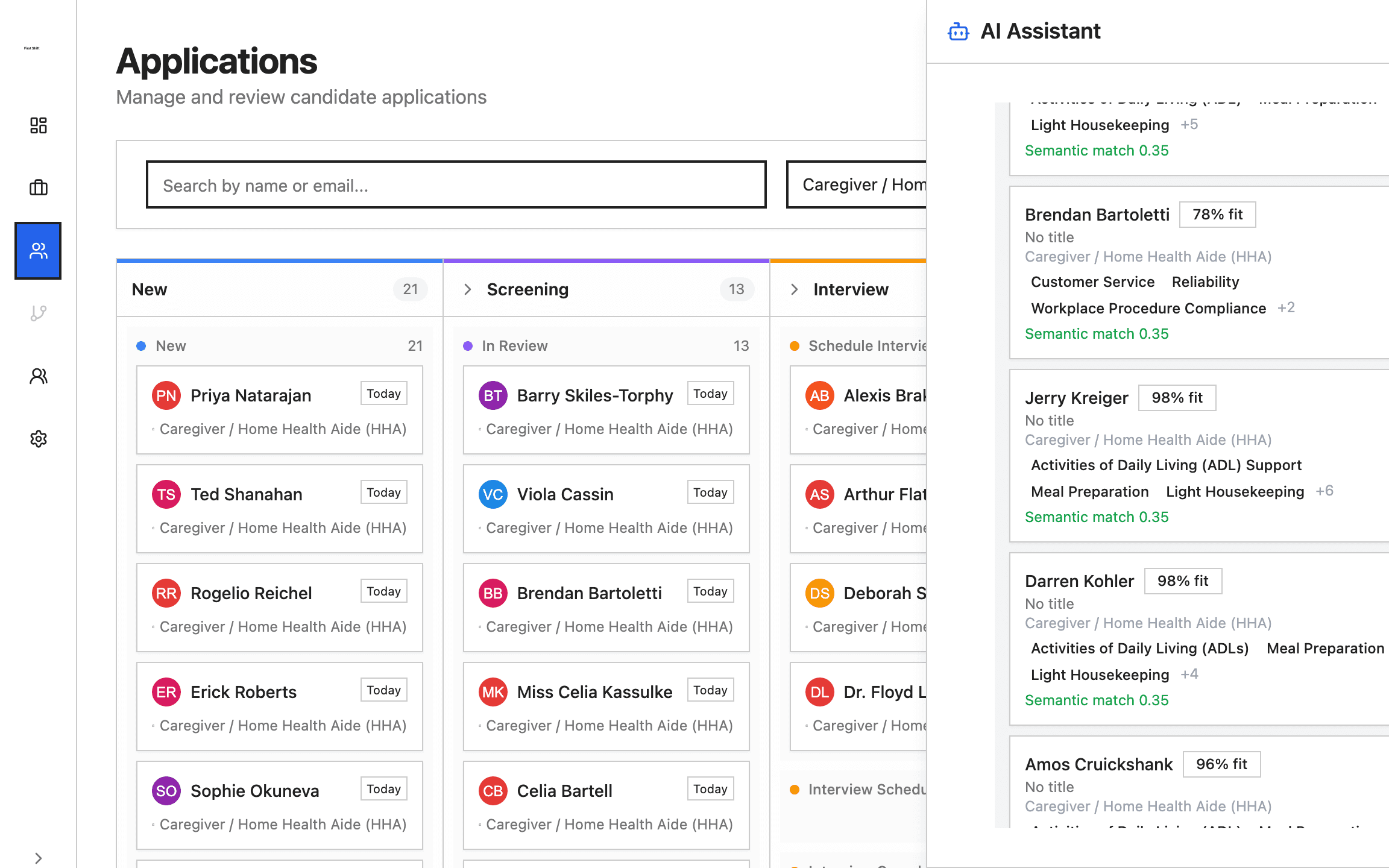 AI-powered candidate search results ranked by percentage fit for a caregiver role