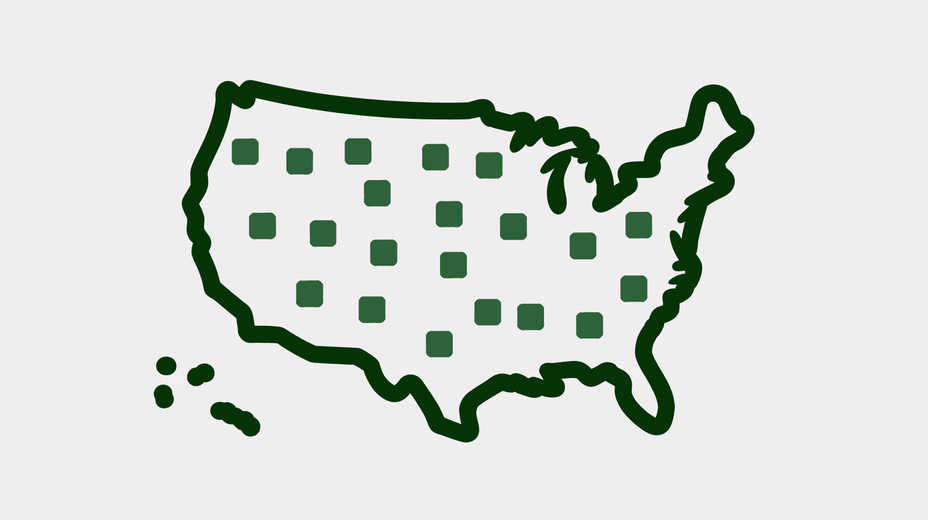 Illustration of an outline map of the United States scattered with small green squares