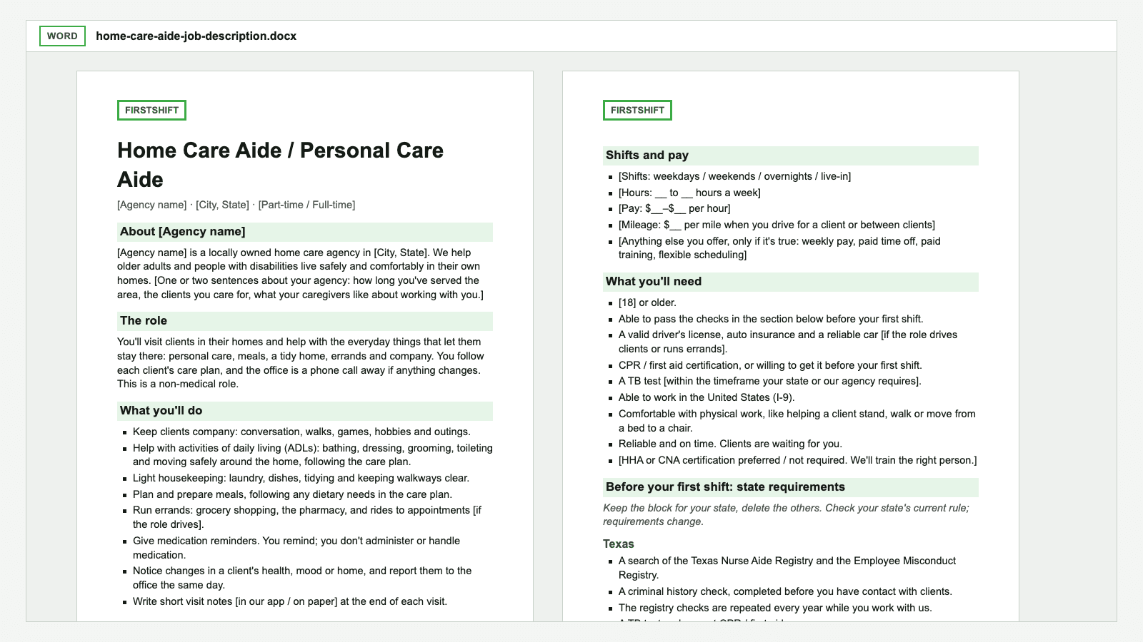 Preview of the home care aide job description Word template: the role, duties, shifts and pay, requirements and the Texas credential block, with bracketed fields to fill in